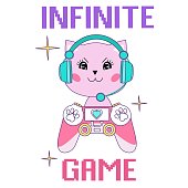 Infinite game cute flat style gamer vector illustration with a cat and game controller. Gamer girl concept for print, textile, t-shirt, party, sticker, poster, kids party etc. Kawaii cat gamer design