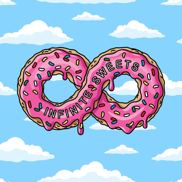 unendlichkeit cartoon donut mit rosa glasur gegen blauen himmel wunschwolken. mobius streifen vektor illustration - homer simpson stock-grafiken, -clipart, -cartoons und -symbole
