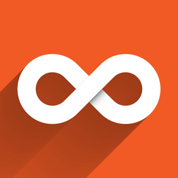 Infinity symbol icon. Concept of infinite, limitless and endless. Simple white vector design element with gradient long shadow isolated on orange background Infinity symbol icon. Concept of infinite, limitless and endless. Simple white vector design element with gradient long shadow isolated on orange background. eternity stock illustrations