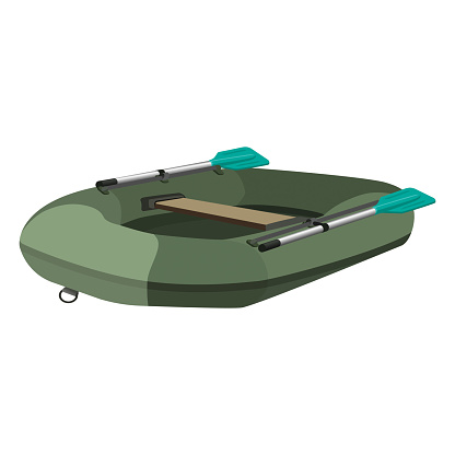 Inflatable dark green boat with two paddles and seat, vector