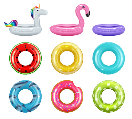 Inflatable donuts. Safety rubber rings toys rings for water pool colored swimming donuts decent vector realistic pictures set isolated. Toy safety pool, lifebuoy to swimming summertime illustration