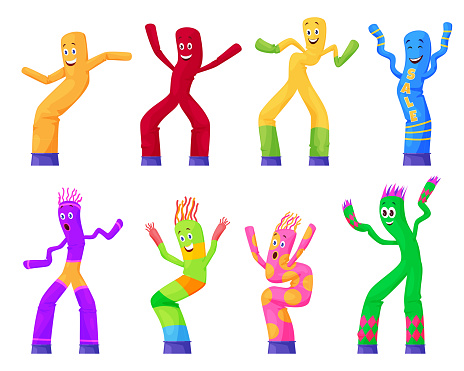 Inflatable tube dancing and waving arm street characters collection vector flat illustration