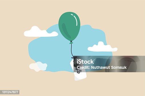 istock Inflation causing price rising up, overvalued stock or funds, consumer purchasing power reducing concept, air balloon tied with product price tag flying high rising up in the sky. 1311247877