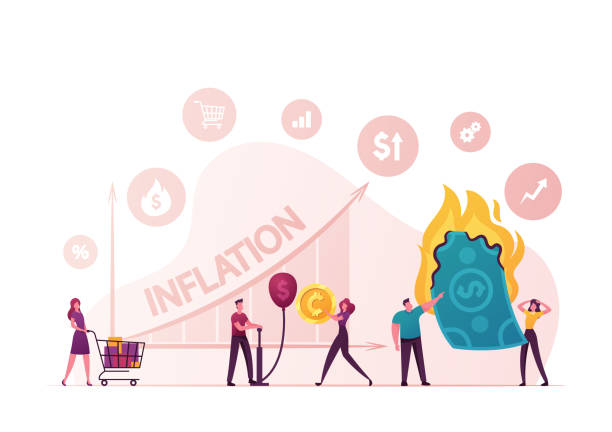 Inflation Concept. Finance Market Risk Crisis in Percentage Rate. Tiny Male Female Characters Money Value Recession, Price Increase Process. Unstable Nominal Worth. Cartoon People Vector Illustration  inflation stock illustrations