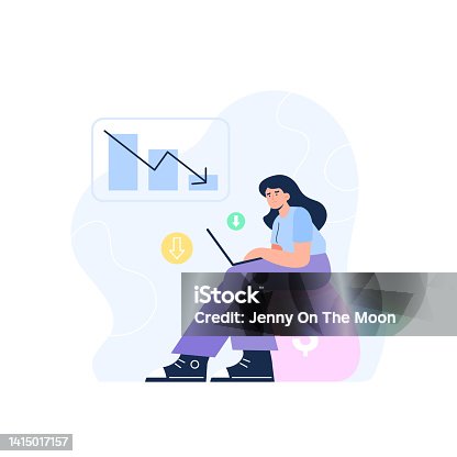 istock Inflation concept. The financial crisis, decrease the value of the currency. A woman loses savings due to inflation. Vector flat illustration. 1415017157