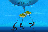 Money is flying away by the inflation bubble and employees trying to prevent it. (Used clipping mask)