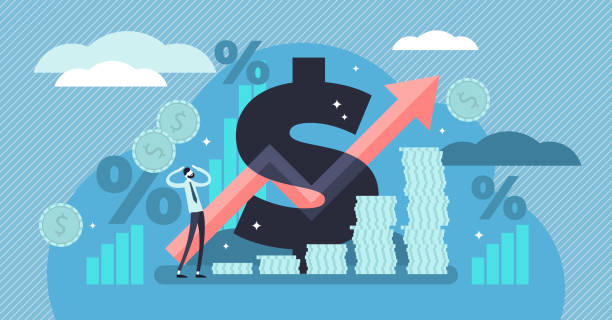 Inflation vector illustration. Tiny persons concept with basic economy term Inflation vector illustration. Flat tiny person concept with basic economy term. Money value recession and price increase process. Finance market risk crisis in percentage rate. Unstable nominal worth inflation stock illustrations