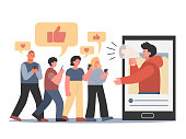 Influencer in Smartphone holding megaphone and speak with follower group who like and love him. Concept Illustration about personal marketing online with social media.
