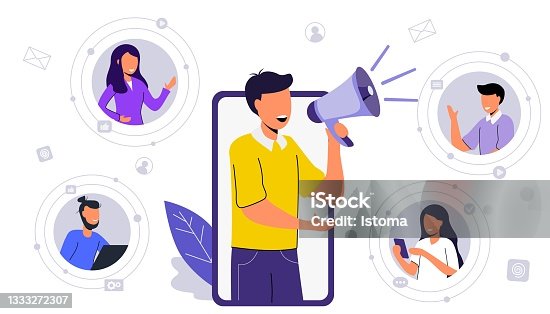 istock Influencer or social marketing banner Man employer in laptop shout in loud speaker and recruit new employees Social media account promotion, audience or followers growth SMM banner Landing page Flyer 1333272307