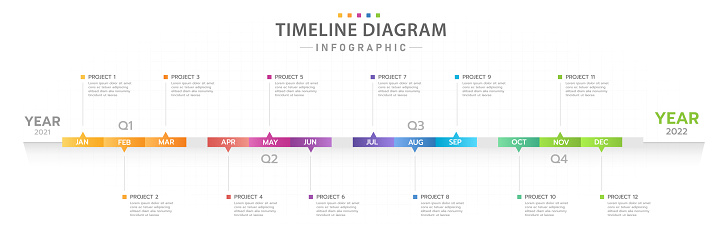 Infographic 12 Month modern Timeline diagram calendar.