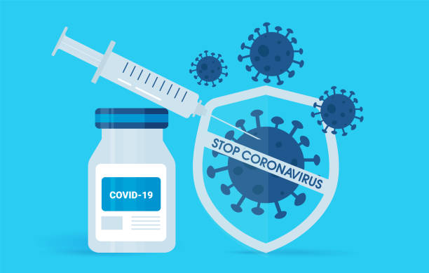 Infographic covid - 19 vaccine with a syringe.mass vaccination against coronavirus. On a blue isolated background. Vector illustration Infographic covid - 19 vaccine with a syringe.mass vaccination against coronavirus. On a blue isolated background. covid vaccine stock illustrations