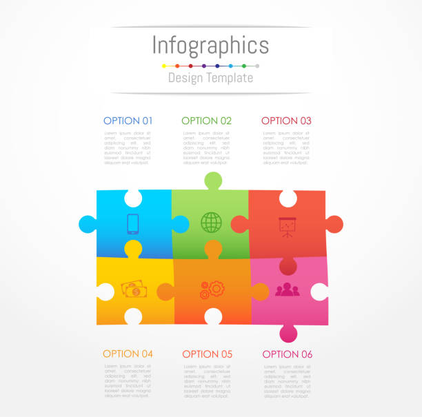 infographic 6 옵션, 부품, 단계, 일정 또는 프로세스와 비즈니스 데이터에 대 한 디자인 요소입니다. 지 그 소 퍼즐 개념, 벡터 일러스트 레이 션입니다. - 6 7 살 stock illustrations