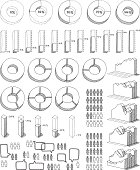 Hand-drawn vector drawing of an Infographic Elements Set: bar charts, pie charts, percentage visualization, men and women icons, speech bubbles, 3D graph. Black-and-White sketch on a transparent background (.eps-file). Included files: EPS (v8) and Hi-Res JPG.