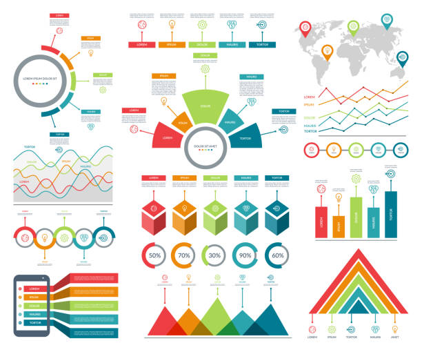 Infographic elements set with simple templates for business analytics, data visualization, presentation. Vector kit with diagrams, histograms, timeline, pie charts. Infographic elements set with simple templates for business analytics, data visualization, presentation. Vector kit with diagrams, histograms, timeline, pie charts. annual reports templates stock illustrations