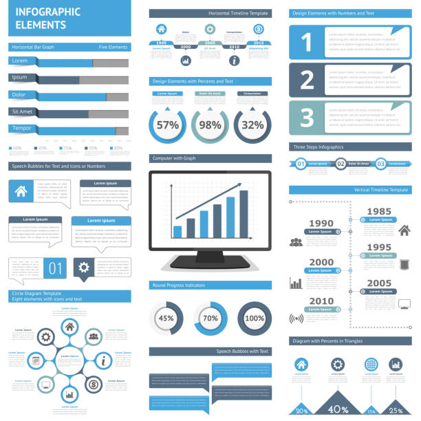 Infographic Elements Infographic elements for presentations and reports - timelines, graphs, charts, diagrams, flowchart, workflow, steps, options, percents, speech bubbles, statistics, vector eps10 illustration annual reports templates stock illustrations