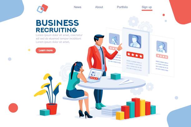 Infographic Employment Concept Vector Infographic of employment leadership. Recruit for business, recruitment presentation. Job hr resource, businessman employer character with text. Flat isometric concept vector illustration. business cv templates stock illustrations