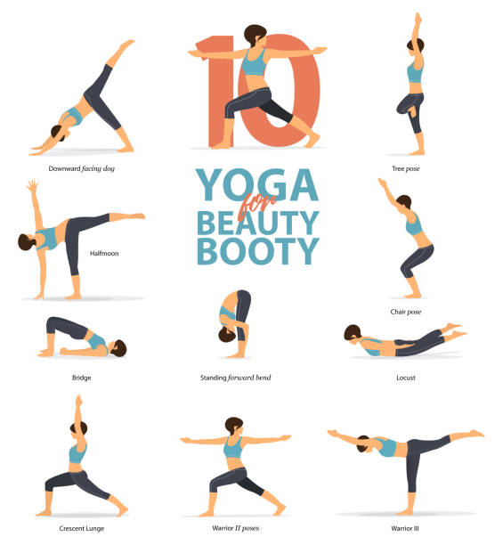 infografik von 10 yoga posen für beauty beute in flachem design. schönheit frau macht übung für beute blaster. satz von yoga-haltungen weibliche figuren infografik. vektor. - yoga poses stock-grafiken, -clipart, -cartoons und -symbole