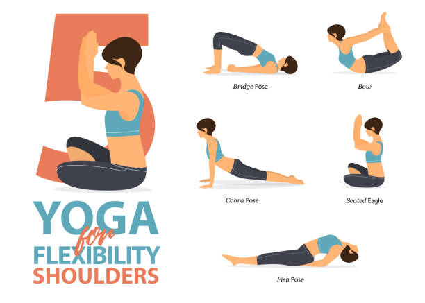 Infographic of 5 Yoga poses for shoulders flexibility in flat design. Beauty woman is doing exercise for body stretching. Set of yoga sequence Infographic.  Cartoon Vector. Infographic of 5 Yoga poses for shoulders flexibility in flat design. Beauty woman is doing exercise for body stretching. Set of yoga sequence Infographic.  Cartoon Vector art and Illustration. benefits of exercise infographics stock illustrations