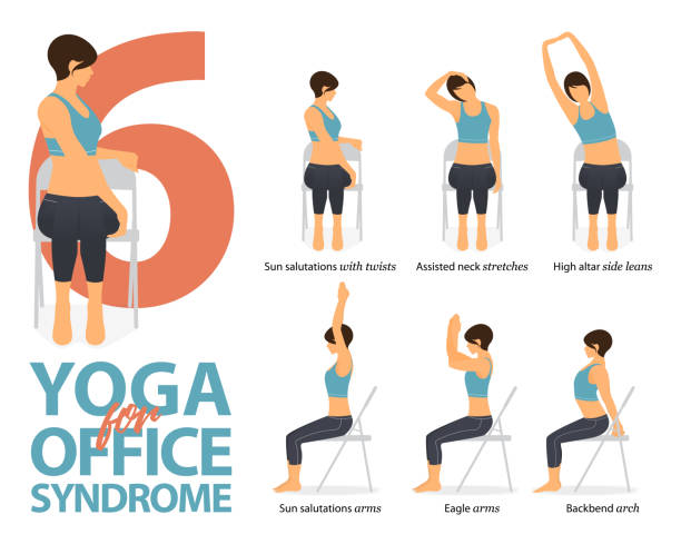 инфографика 6 йога позирует для офисного синдрома в плоском дизайне. красота женщина делает упражнения для силы на офисном стуле. набор поз  - yoga stock illustrations