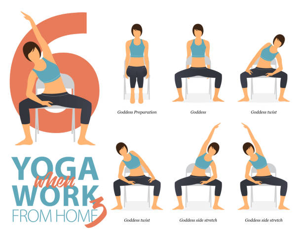Infographic of 6 Yoga poses for office syndrome when working at home in flat design. Beauty woman is exercise for strength on office chair. Set of yoga postures infographic. Character vector. Infographic of 6 Yoga poses for office syndrome when working at home in flat design. Beauty woman is exercise for strength on office chair. Set of yoga postures infographic. Flat character vector. chair stock illustrations