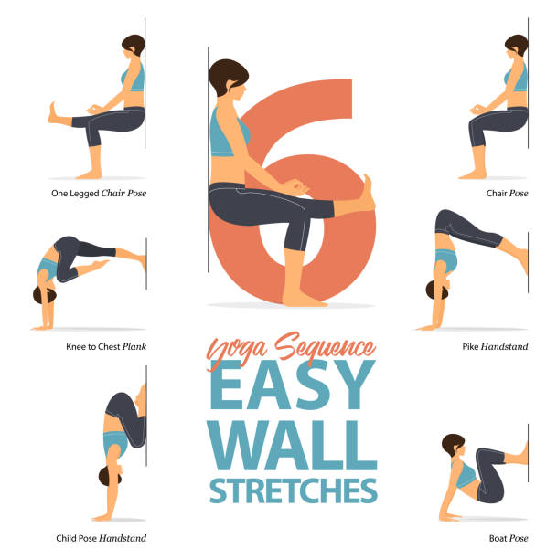 infografik von 6 yoga posen für stretch in flachem design. schönheit frau macht bewegung für körper-stretching. satz von einfachen wand yoga sequenz infografik.  vektor. - yoga poses stock-grafiken, -clipart, -cartoons und -symbole