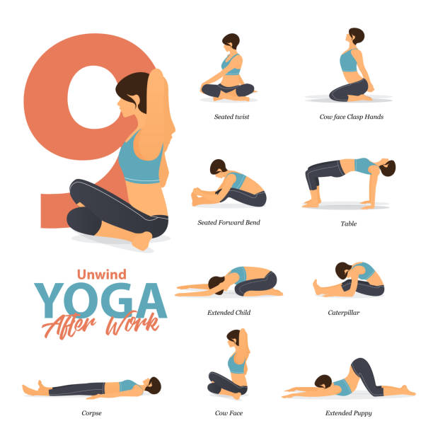 Infographic of 9 Yoga poses for after work concept in flat design. Beauty woman is doing exercise for body stretching. Set of yoga sequence Infographic.  Cartoon Vector. Infographic of 9 Yoga poses for after work concept in flat design. Beauty woman is doing exercise for body stretching. Set of yoga sequence Infographic.  Cartoon Vector art and Illustration. benefits of exercise infographics stock illustrations