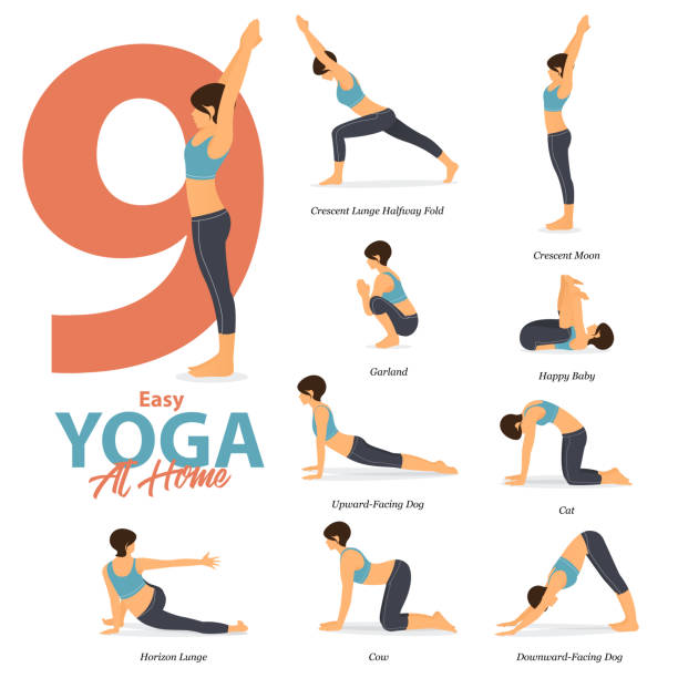 infografik von 9 yoga posen für easy yoga zu hause im flachen design. schönheit frau macht bewegung für körper-stretching. satz von yoga zu hause infografik. vektor - yoga poses stock-grafiken, -clipart, -cartoons und -symbole