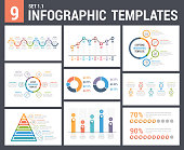 9 infographic templates, set 1, colors 1 - timelines, bar and line charts, pyramid, pie chart, percents, steps/options, circle diagram, vector eps10 illustration