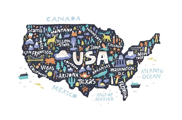 Infographic USA map flat hand drawn vector illustration. American states and cities names lettering with cartoon landmarks isolated on black background. America travel poster, banner, t shirt print Infographic USA map flat hand drawn vector illustration. American states and cities names lettering with cartoon landmarks isolated on black background. America travel poster, banner, t shirt print map drawings stock illustrations