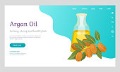 Glass bottle contains golden liquid inside. Branch with brown nuts of argania. Text, information about argan oil in vessel. Product used in beauty industry like for hair care. Vector illustration
