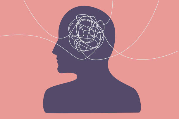 Information overload Tangled thoughts, information overload concept. Several lines from different directions that tangle in a person's head, flat illustration. the thinker stock illustrations