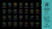 Information technology color editable stroke outline icon set on a black background with IT network communication computer tech system, internet of things, e-commerce, website and more info symbols.