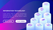 Information technology concept with thin isometric line icons: social network, system backup, search, LAN network, API, data server. Vector illustration, web page template on gradient background.