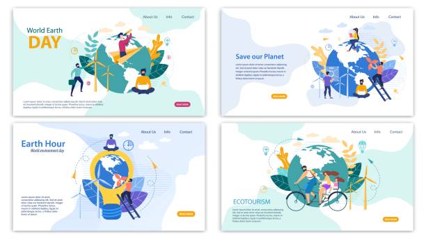 Informational Banner Set Written by Ecotourism. Informational Banner Set Written by Ecotourism. Flyer Inscription Save Our Planet, Earth Hour, World Earth Day. Family Rides Bicycle around Planet. Men and Women Take Care Planet Cartoon. eco tourism stock illustrations