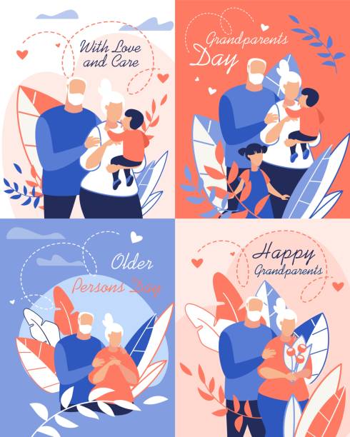ilustrações de stock, clip art, desenhos animados e ícones de informational banner with love and care lettering. - grandparents hug