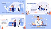 Informative Poster Inscription Online Doctor. Set Banner is Written Family Doctor, Pediatrician Healthy Childhood, Time to Vaccination.  Family Turned to Family Doctor for Help. Vector Illustration.