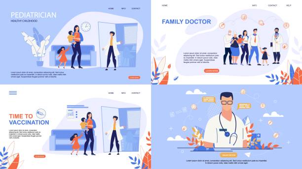 Informative Poster Inscription Online Doctor. Informative Poster Inscription Online Doctor. Set Banner is Written Family Doctor, Pediatrician Healthy Childhood, Time to Vaccination.  Family Turned to Family Doctor for Help. Vector Illustration. hospital cartoon stock illustrations