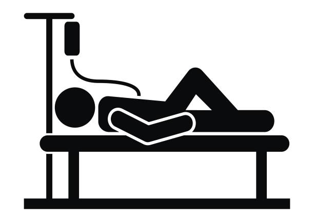 Infusion, person in hospital bed, eps. Person in hospital bed, infusion, black silhouette, vector icon. bed furniture silhouettes stock illustrations
