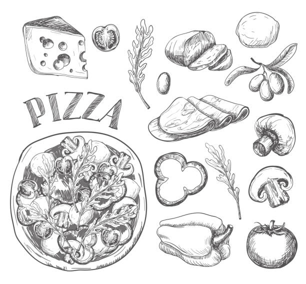 illustrazioni stock, clip art, cartoni animati e icone di tendenza di ingredienti per pizza come olive, pomodoro, funghi, mozzarella, rucola, prosciutto, formaggio, pepe, disegnati in stile grafico gessoso - mozzarella