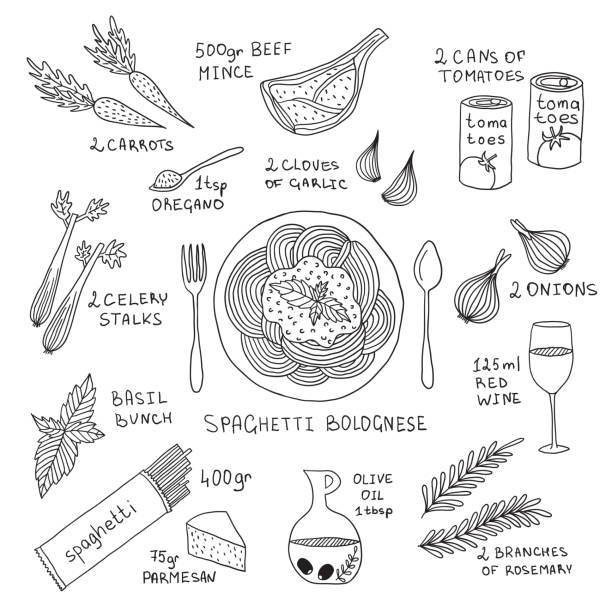 Ingridents for spaghetti bolognesis. Plate with pasta. Black-and-white illustration. Recipe with signed products. Ingridents for spaghetti bolognesis. Plate with pasta. Black-and-white illustration. Recipe with signed products. Doodle. parmesan cheese illustrations stock illustrations