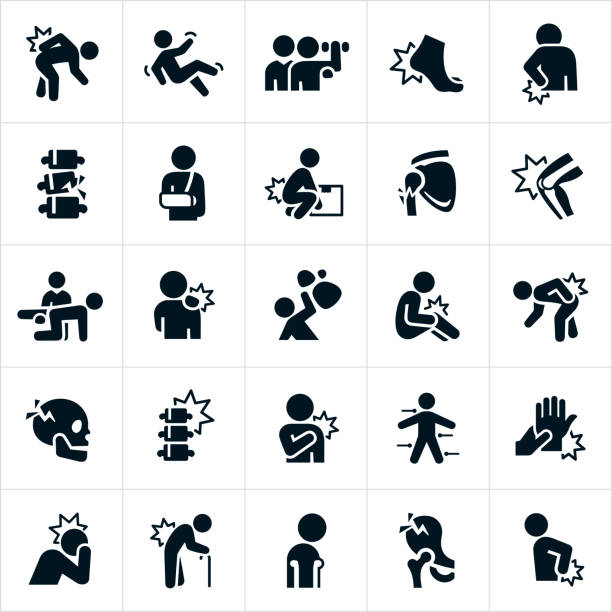 Injury and Pain Icons A set of pain and injury icons. The icons consist of people with back pain, foot pain, knee pain, shoulder pain, hip pain, head pain and hand pain. They also include broken bones of the hip, spine and shoulder. Within the icon set are also people going through rehabilitation by a physical therapist after injury. pain icons stock illustrations