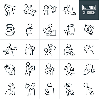 A set of injury and pain icons that include editable strokes or outlines using the EPS vector file. The icons include a person with a back injury, person falling, injured person doing rehab with a personal trainer or physical therapist, foot injury, people in pain, fractured spine, person in a sling with a broken arm, person injuring back by lifting box, fractured arm, knee pain, physical therapist helping patient, person with shoulder injury, rocks falling on person, fractured skull, wrist injury, person with headache and fractured hip among others.