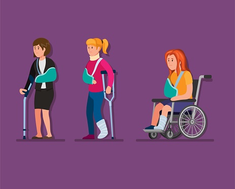 Injury girl collection set in wear gips, crutches and sit in wheelchair concept in cartoon illustration vector
