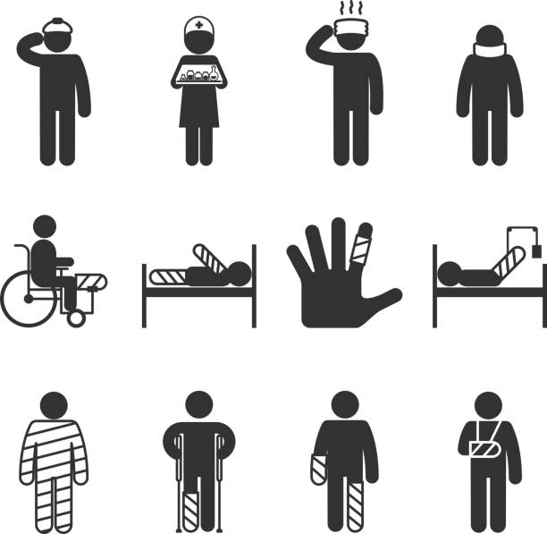 Injury icons. Trauma and sickness Injury icons. Trauma and sickness, broken and bruised icon set. Vector illustration pain silhouettes stock illustrations