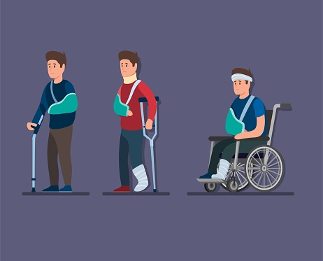 Injury man collection set in wear gips, crutches and sit in wheelchair concept in cartoon illustration vector