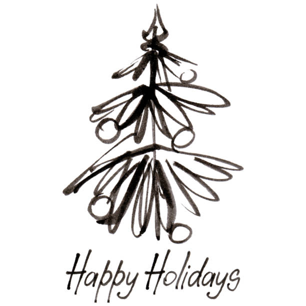 Ink Christmas tree with Happy Holidays inscription vector art illustration