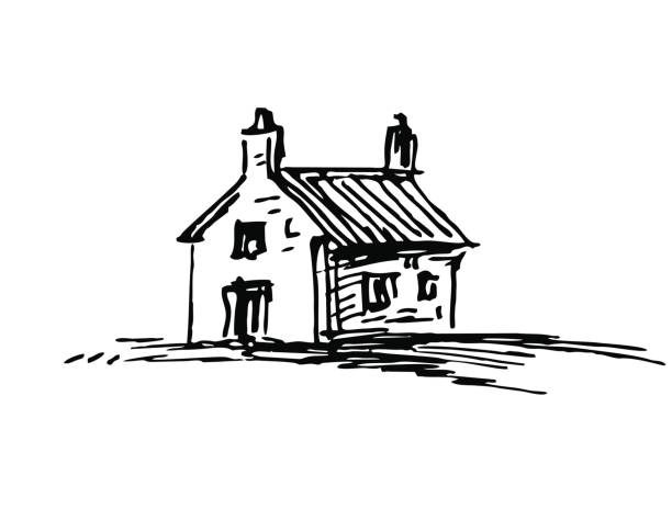 Ink sketch of barn Old stone house. Ink sketch. Isolated on white background. Retro style. cottage stock illustrations