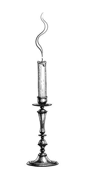 Ink sketch of candle. Extinguished candle in candlestick. Ink sketch isolated on white background. Hand drawn vector illustration. Retro style. caithness stock illustrations