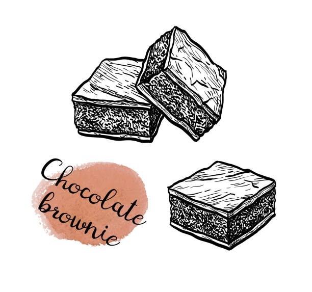 Ink sketch of chocolate brownie. Chocolate brownie. Ink sketch isolated on white background. Hand drawn vector illustration. Retro style. brownie stock illustrations