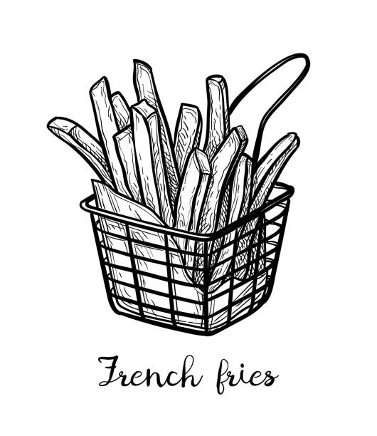 Ink sketch of french fries. French fries. Fried potatoes. Ink sketch isolated on white background. Hand drawn vector illustration. Retro style. potato clipart stock illustrations